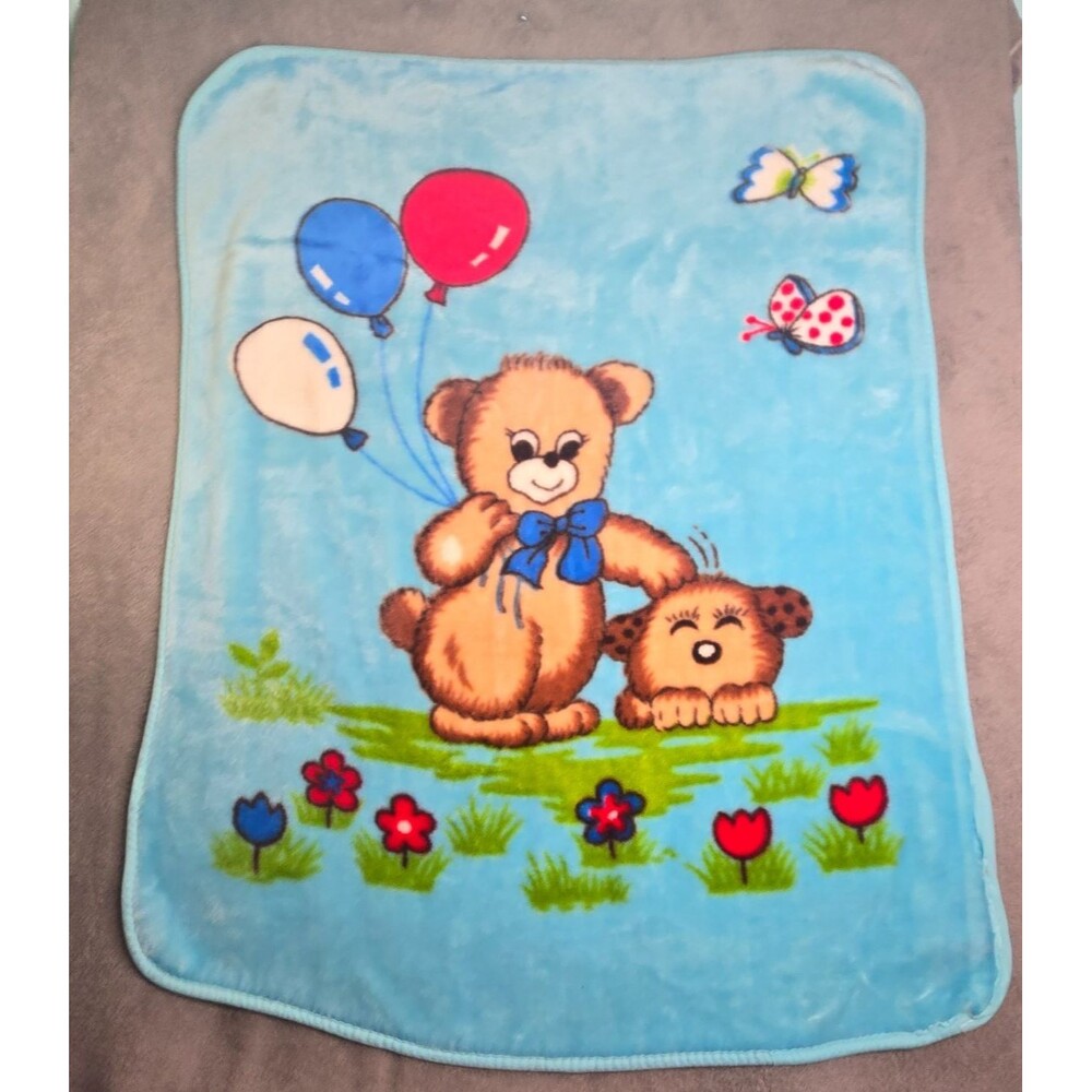 Vintage Baby Blanket Blue Teddy Bear Balloons Puppy Butterfly Mink RARE